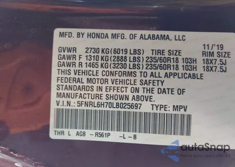 2020 Honda Odyssey Ex-L/Ex-L W/Navi Res from USA, damaged, VIN 5FNRL6H70LB025697